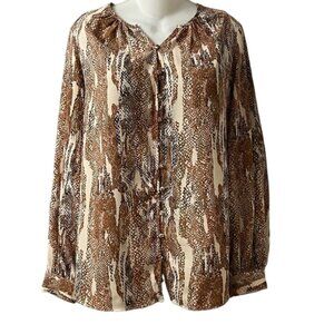 6/$25 Nine West Cream Brown Snakeskin Print Button Down Blouse Long Sleeve NWOT